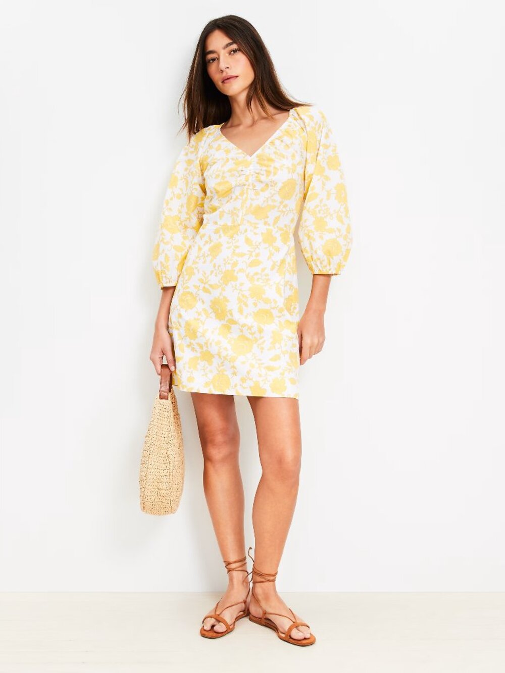 NEW Ann Taylor LOFT Floral Poplin Shirred Mini Dress Yellow Women's 10